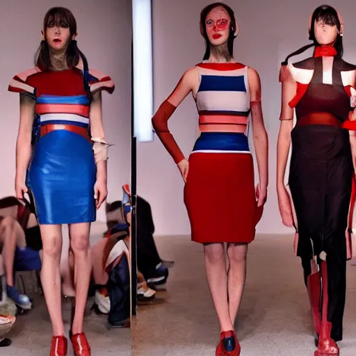 Prompt: dystopian fashion incorporating red white and blue, brutalist fashion show