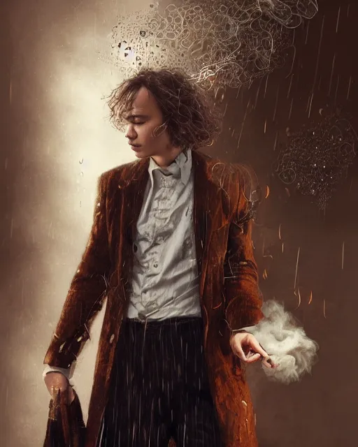 Prompt: Frank Dillane wearing a stylish mix of modern and old British clothing with a magic metal glove with circuits and gems and radiating a magical aura, seductive, sexy, wispy tendrils of smoke, intricate, digital painting, old english, raining, sepia, particles floating, whimsical background by marc simonetti, artwork by liam wong