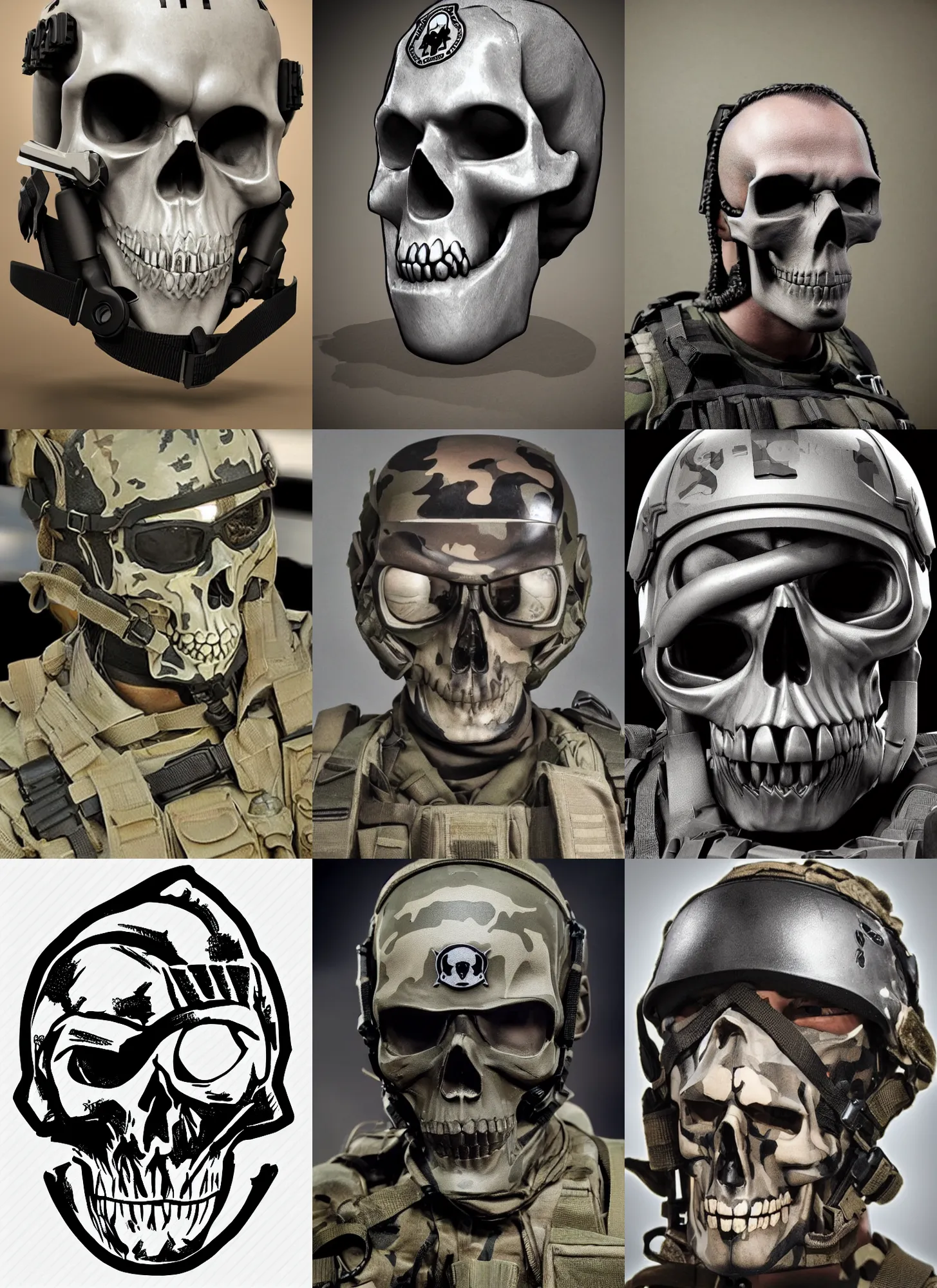 Prompt: spec - ops head with skull logo on forehead, special forces, dark design