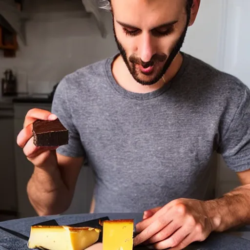 Prompt: an attractive man with dark brown hair eating cheese with short on