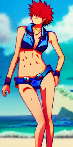 Image similar to leon kuwata and sayaka maizono from danganronpa in swimsuits, 2 people, leon kuwata with an open hawaiian shirt and swim trunks, sayaka maizono with a light blue swimsuit, art by artgerm, romantic and fun beach scene, incredibly detailed and romantic art of leon kuwata and sayaka maizono on the beach, danganronpa