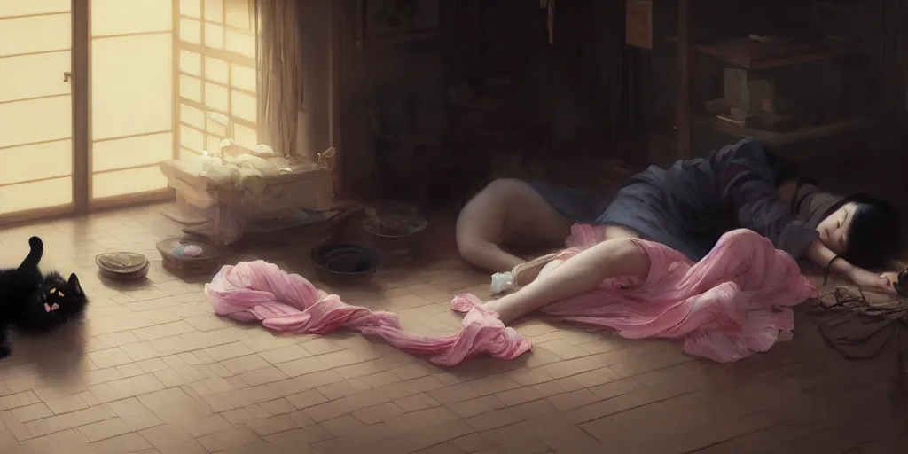 Image similar to japanese woman sewing on floor while a cat napping behind her, dim light, extremely detailed digital painting, in the style of fenghua zhong and ruan jia and jeremy lipking and peter mohrbacher, mystical colors, rim light, beautiful lighting, 8 k, stunning scene, raytracing, octane, trending on artstation