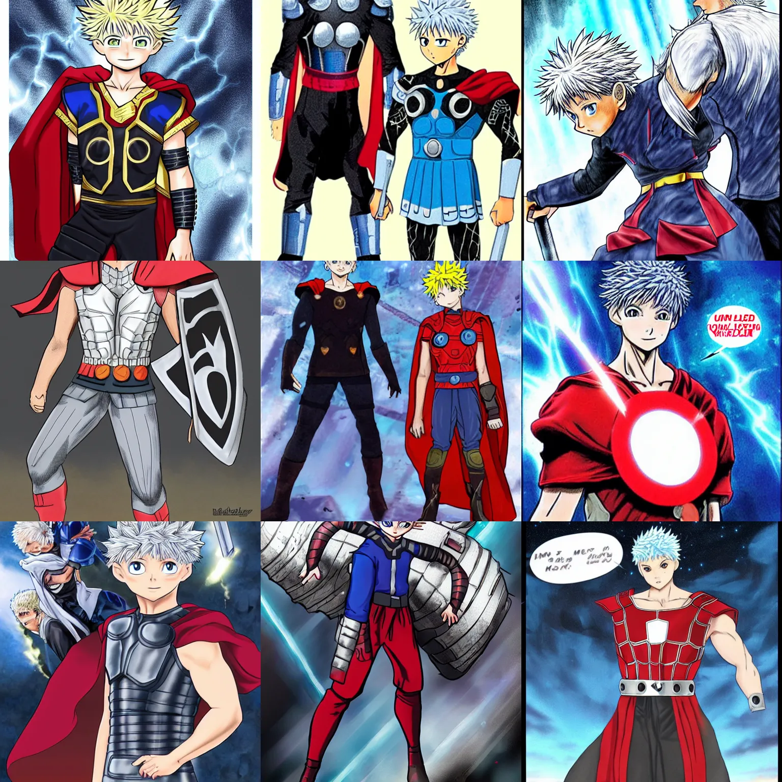 Prompt: older killua zoldyck as mcu thor odinson, full body armor,