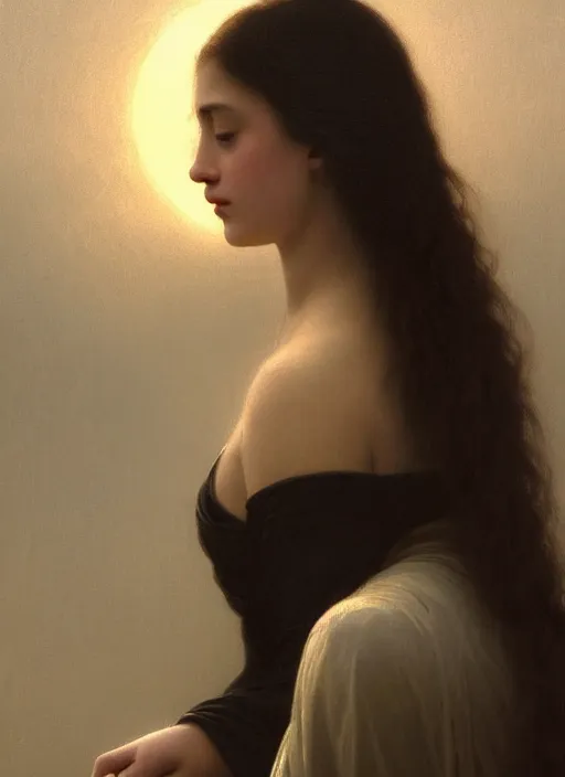 Image similar to oil painting close up portrait of a contemplative young woman with long dark flowing hair in a black dress, surrounded by white lilies!! at sunset, hazy, digital art, chiaroscuro, artstation, cinematic, golden hour, digital art painting by greg rutkowski, william - adolphe bouguereau, hazy atmosphere, cinematic lighting