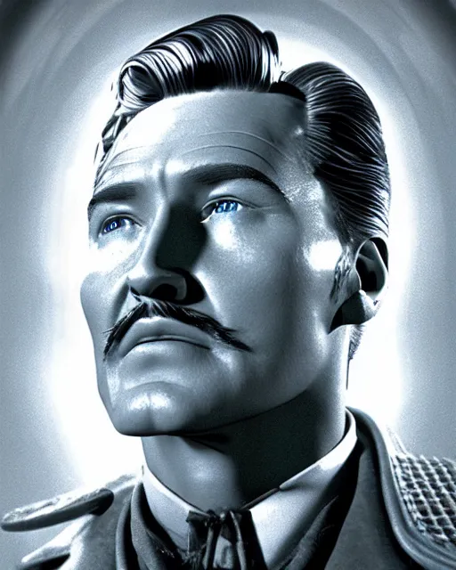 Image similar to Errol Flynn as a scientist. 1980s dystopian Soviet Russia, propaganda screens. Unreal engine, fantasy art by Alex Garner. Faithfully depicted facial expression, perfect anatomy global illumination, radiant light, detailed and intricate environment