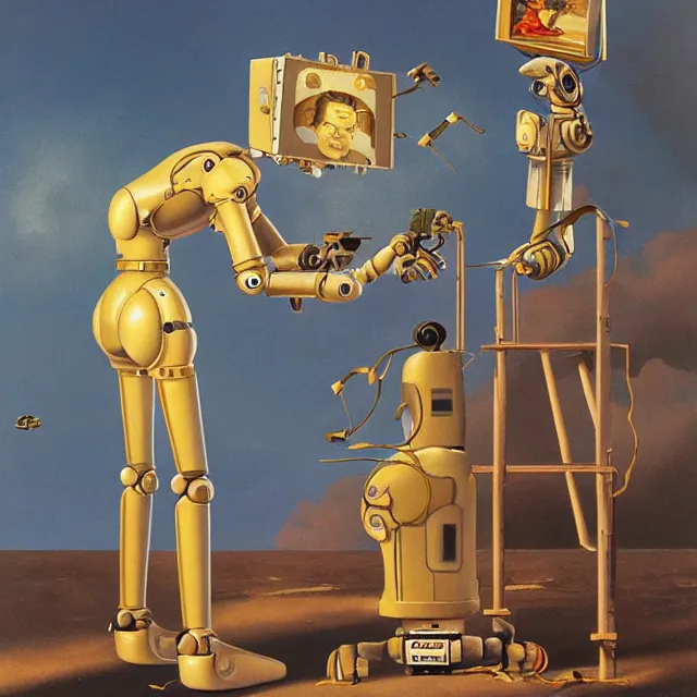 Prompt: robot artist painting a self - portrait on a canvas. intricate, highly detailed, digital matte painting in the style of alberto vargas and in the style of chris foss. irony, recursion, inspiration.