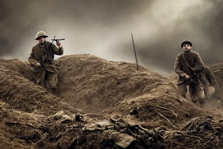 Image similar to jay baruchel as world war 1 soldier in the trenches, bullets whizzing past, cinematic lighting, high contrast, 4 k hdr imax cinematography by roger deakins, award winning shot, beautiful composition, principal photography, vfx action shot