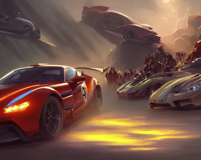 Image similar to sports car race directed by steven spielberg, deep focus, d & d, fantasy, intricate, elegant, highly detailed, digital painting, artstation, concept art, matte, sharp focus, illustration, hearthstone, art by artgerm and greg rutkowski and alphonse mucha