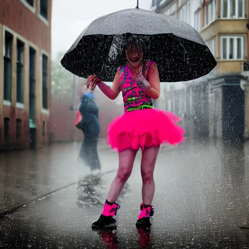 Prompt: a rave girl dancing in the rain in a street in friedrichdhain berlin, a report photography, canon eos