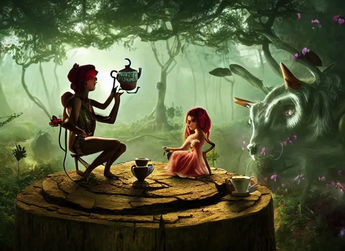 Prompt: tiny mechanical fairy having tea with a minotaur in a magical forest, having tea with a giant minotaur. Very detailed 8k. Fantasy cyberpunk horror. Sharp. Cinematic post-processing