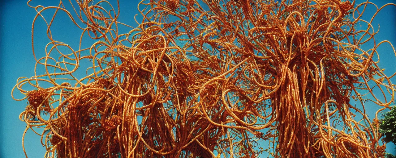 Image similar to a spaghetti tree, canon 5 0 mm, in the style wes anderson, kodachrome