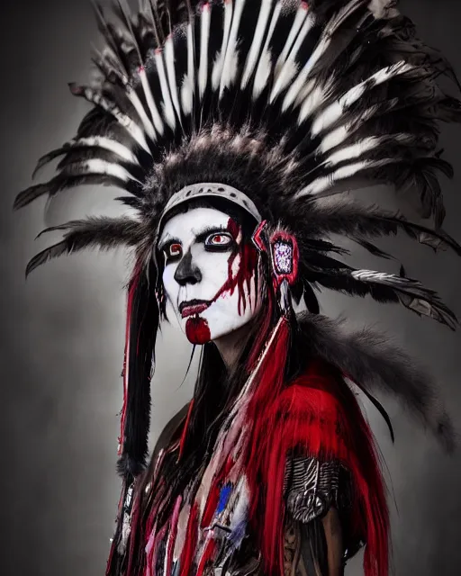 Image similar to lady native sisters ghost - spirit of the grim - warpaint wears the scarlet skull armor and native blood headdress feathers, midnight fog - mist!, dark oil painting colors, realism, cinematic lighting, various refining methods, micro macro autofocus, ultra definition, award winning photo, photograph by ghostwave - gammell - giger - shadowlord