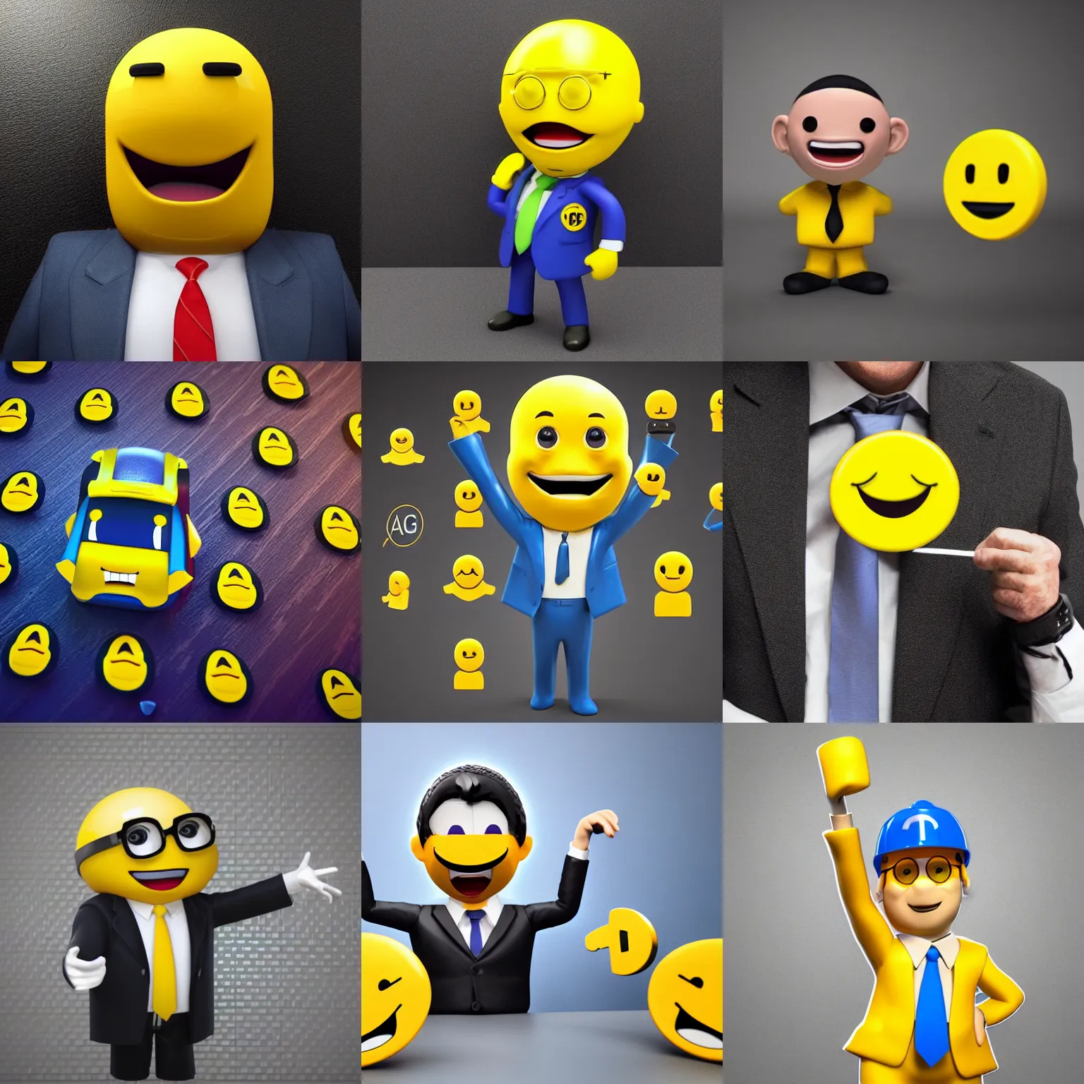 Prompt: Octane render. Trending on artstation. Character portrait. 3d sticker. 3d 1990s emoji. Funny character in a business suit doing a business deal. Iconic 3d yellow emoji face. Geocities. Yahoo. AOL. Netscape.
