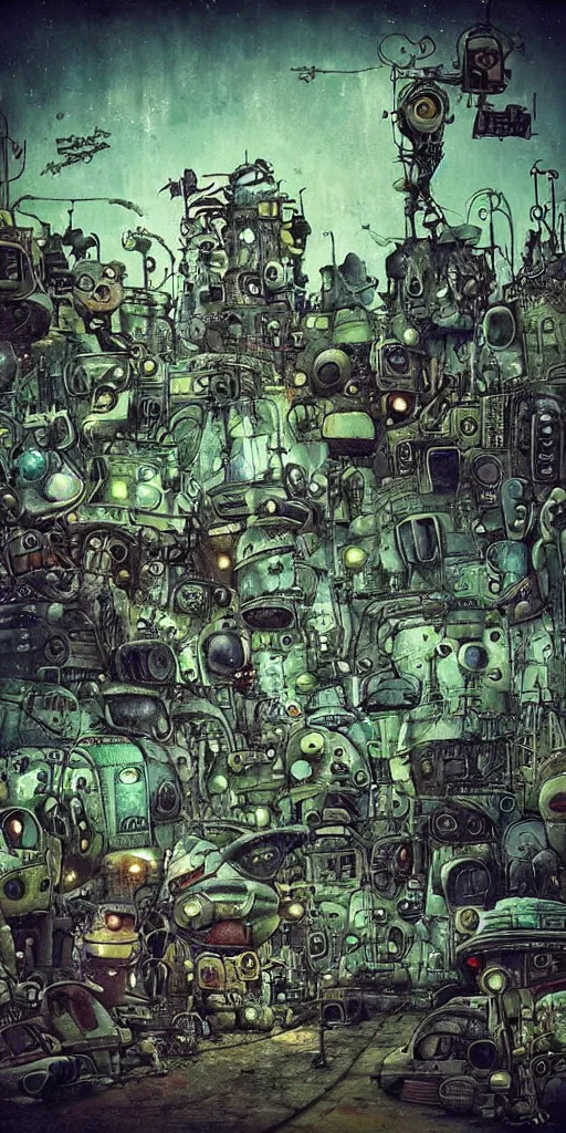 Image similar to a sci - fi junkyard scene by alexander jansson