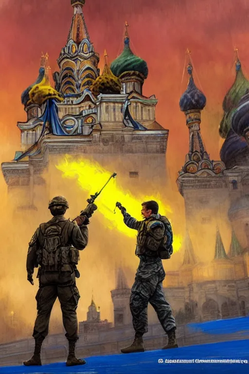 Image similar to special forces soldier installin ukrainian blue and yellow flag on red square kremlin, masculine figure, d & d, fantasy, bright atmosphere, volumetric lights, intricate, elegant, extremely detailed, digital painting, artstation, concept art, matte, smooth, sharp focus, hyper realistic, illustration, art by artgerm and greg rutkowski and alphonse mucha