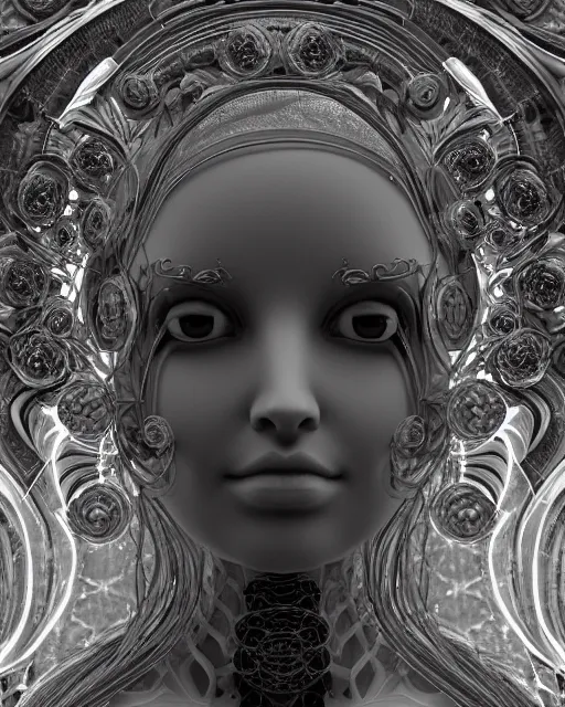 Image similar to mythical dreamy black and white organic bio - mechanical spinal ribbed profile face portrait detail of translucent steampunk beautiful female angelic - human - queen - vegetal - cyborg, highly detailed, intricate crystal ivy jelly ornate, poetic, translucent roses ornate, 3 d render, digital art, octane render, 8 k artistic photography, photo - realistic, by dora maar