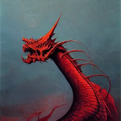 Prompt: red dragon concept, dragon head, dragon body, wings on the back, beksinski