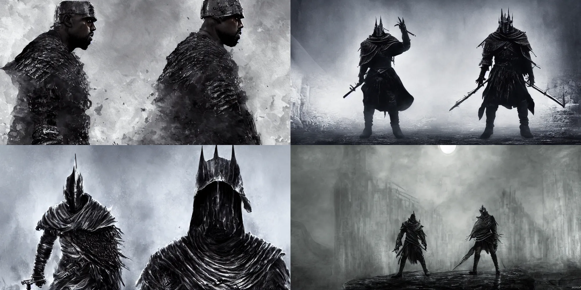 Prompt: Kanye West as a Dark Souls 3 boss, concept art, highly-detailed, 4k, intense, atmospheric, cinematic, fog surrounding the background