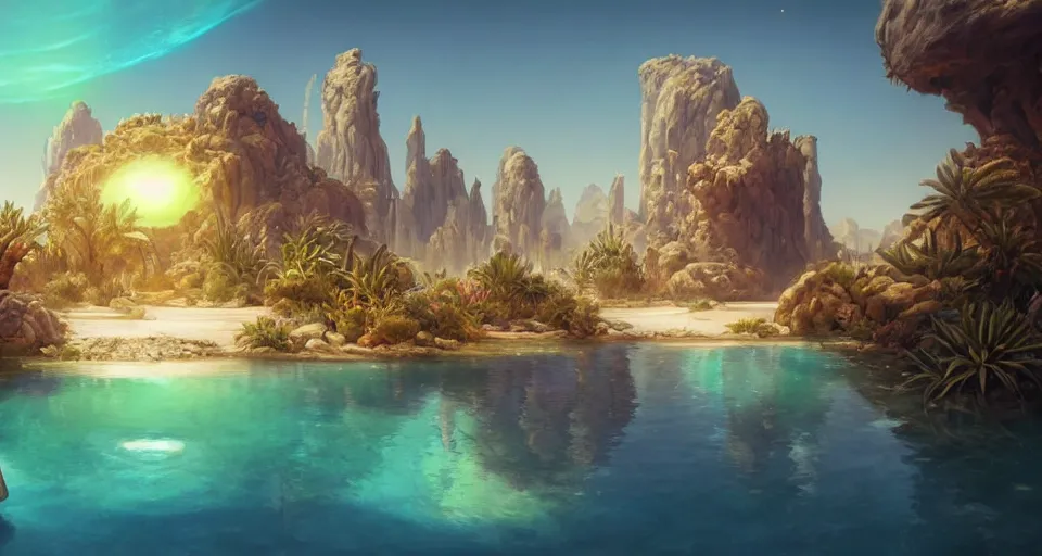 Prompt: a desert oasis!!!! with crystal clear water surrounded by skyscrapers with a ringed planet in the sky, by wlop and peter mohrbacher, extremely detailed shading, concept art, digital painting, trending on artstation, unreal engine 5, octane render, atmosphere, glow, cinematic lighting, full of color