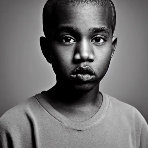 Prompt: the face of young kanye west wearing yeezy clothing at 1 3. 5 years old, black and white portrait by julia cameron, chiaroscuro lighting, shallow depth of field, 8 0 mm, f 1. 8