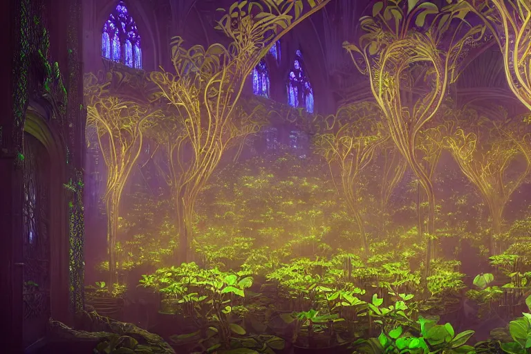 Image similar to futuristic foliage overgrowing detailed favela bioluminescence fungus hive, art nouveau environment, cathedral, award winning art, epic dreamlike fantasy landscape, ultra realistic,