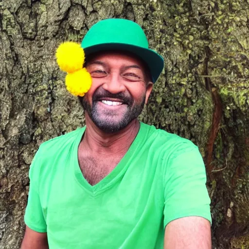 Prompt: A photo of smiling man with green skin in yellow hat