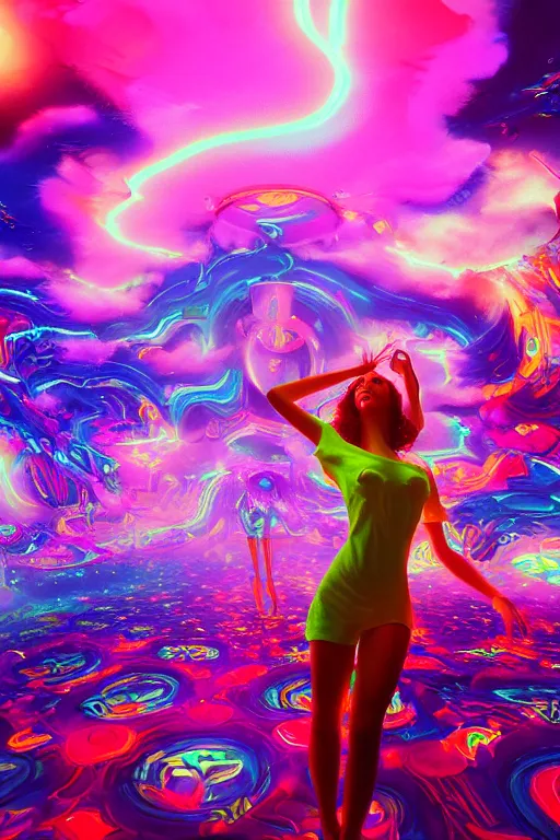 Image similar to a gorgeous girl engulfed in colorful liquid clouds and neon smoke, extremely psychedelic experience, psilocybin, dmt, lsd face, highly detailed, artstation, concept art, digital art by hana yata, and artem demura and beeple, octane render, unreal engine, 8 k