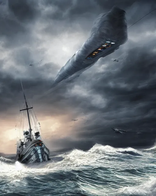 Image similar to establishing shot of a fishing boat on stormy seas, a gigantic star destroyer spaceship flying overhead, stormy weather, unreal engine, hyper realism, realistic shading, cinematic composition, realistic render, octane render, detailed textures, photorealistic, ultrawide shot, 16mm lens