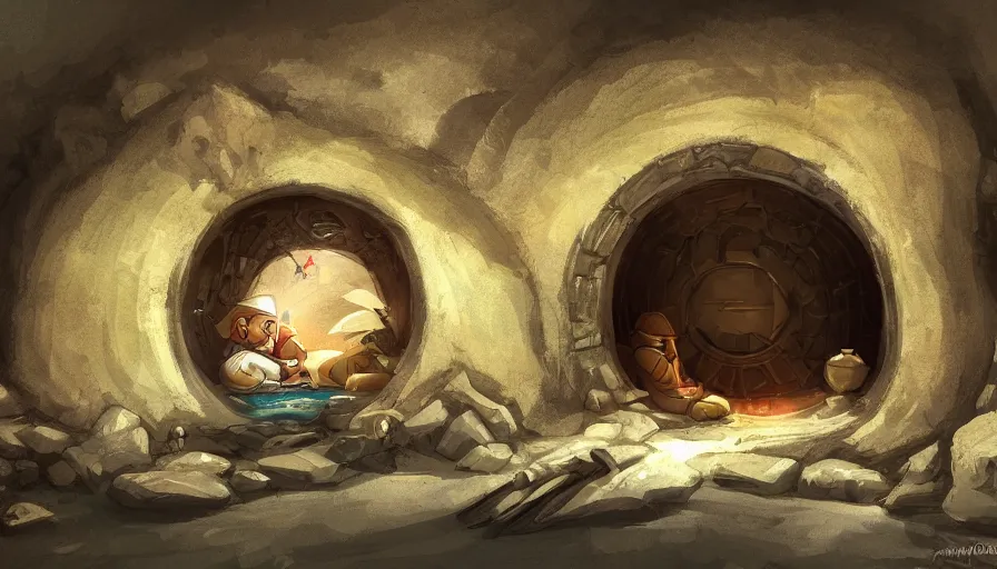 Image similar to concept art of the inside of a comfortable hobbit - hole, digital art, trending on artstation