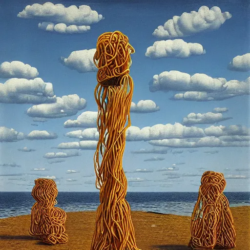 Prompt: A Monumental Public Sculpture of a 'Cyborg made of spaghetti with a Portal in its stomach ' on a pedestal by the Sea, surreal oil painting by Rene Magritte and Max Ernst shocking detail hyperrealistic!! Cinematic lighting