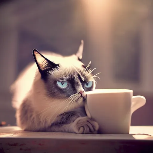 Prompt: a grumpy cat drinking his morning coffee, morning light, photorealistic, photograph, 4 k, volumetric light