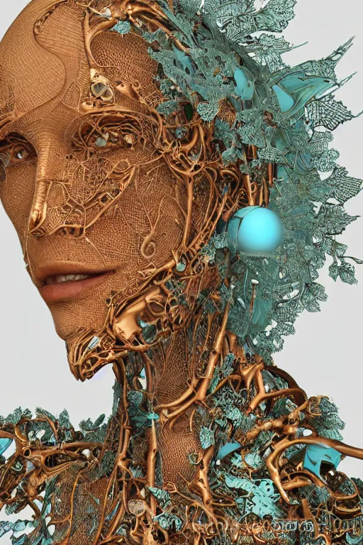 Prompt: complex 3d render ultra detailed of a beautiful steel old woman face, broken. rusty biomechanical cyborg, analog, 150 mm lens, beautiful natural soft rim light, big leaves and stems, roots, fine foliage lace, turquoise gold details, Alexander Mcqueen high fashion haute couture, art nouveau fashion embroidered, intricate details, mesh wire, mandelbrot fractal, anatomical, facial muscles, cable wires, elegant, hyper realistic, in front of dark flower pattern wallpaper, ultra detailed, volumetric lighting, 8k post-production