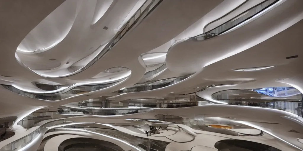 Image similar to extremely detailed stunning beautiful futuristic smooth curvilinear museum lobby interior