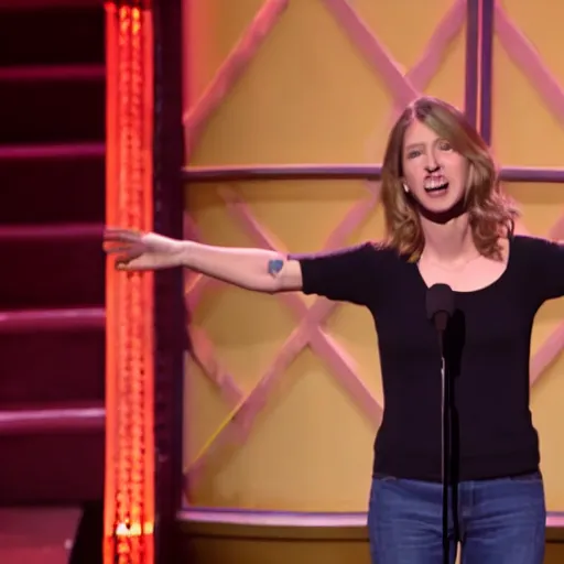 Prompt: film still of netflix comedy special. 3 2 - year - old, female short height, good - looking, standup comedian, skateboarder style, pale complexion, jewish and italian descent, fit, on stage, laughing, telling jokes. looks like amy nico schwartz.