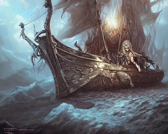 Prompt: death is swallowed up in victory, very detailed and beautiful face, artwork by artgerm, evil skeletons on a viking sail ship, wide angle, full body, fantasy, highly detailed, digital painting, artstation, smooth, sharp focus, art by thomas kinkade and stephan martiniere and kevin swartz