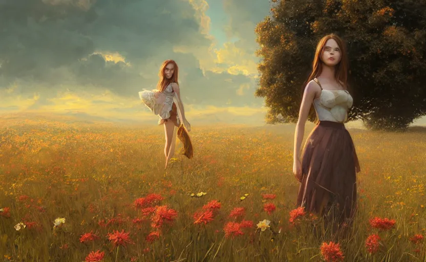 Image similar to detailed intricate digital illustration by greg rutkowski and artgerm and wlop and sanford robinson gifford ; girl standing in beautiful meadow with colorful flowers and puffy clouds in background ; 1 3 mm film, arri alfa anamorphic lens ; sharp focus, golden hour lighting, trending on artstation 4 k ; close view