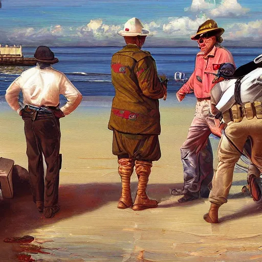 Image similar to rich drug dealers are arrested on the beach by the military, oil painting, highly detailed, 4 k