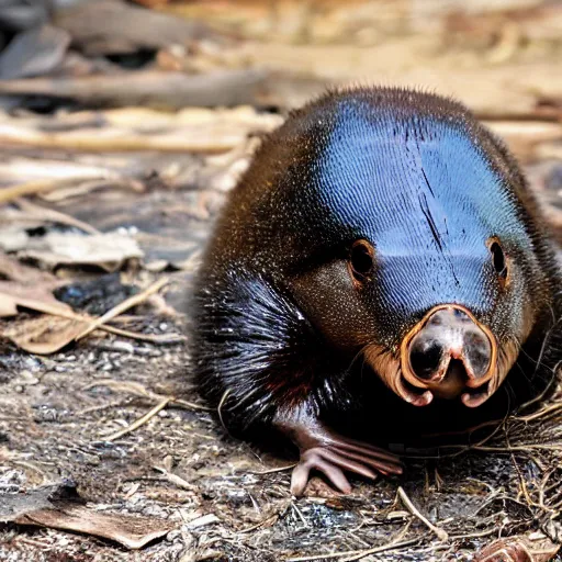 Prompt: a photo of crying platypus, whole burn burning in background