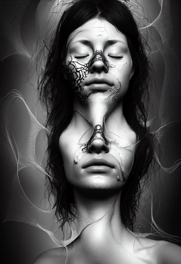 Prompt: one young beautiful woman with eyes closed, with a medical mask. fractal, mandelbulb, speed painting, scribble art, octane render, portrait. black and white. intricate detail, beautiful, moody, cinematic. futurism, Unreal Engine, photorealistic.