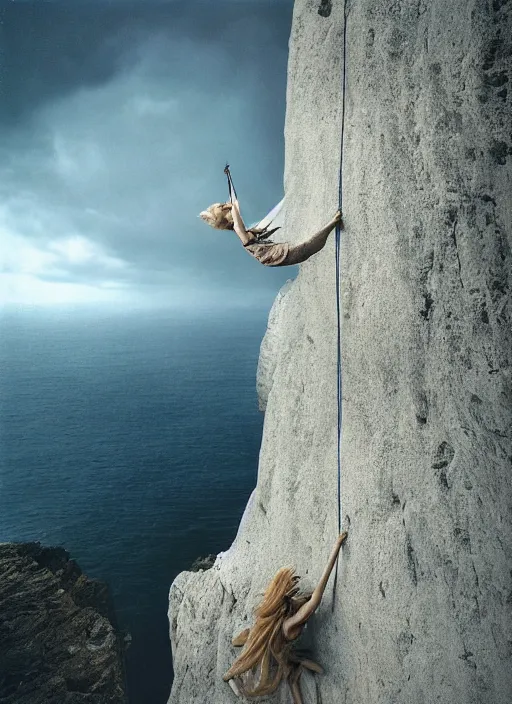 Prompt: action shot of Nicole Kidman hanging from a cliff face, Les Edwards, Zdzislaw Beksinski, Carl Gustav Carus, John Harris, Michal Karcz, Zhang Kechun, Mikko Lagerstedt, Scott Listfield, Steven Outram, Jessica Rossier