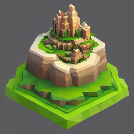 Prompt: dream a floating island isometric art, low poly art, game art, artstation, 3D render, cgsociety