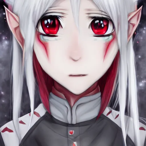 Image similar to white hair, red eyes, elf ears, two small horn on the head, anime style, anime girl, sketch, 4k, beautiful art