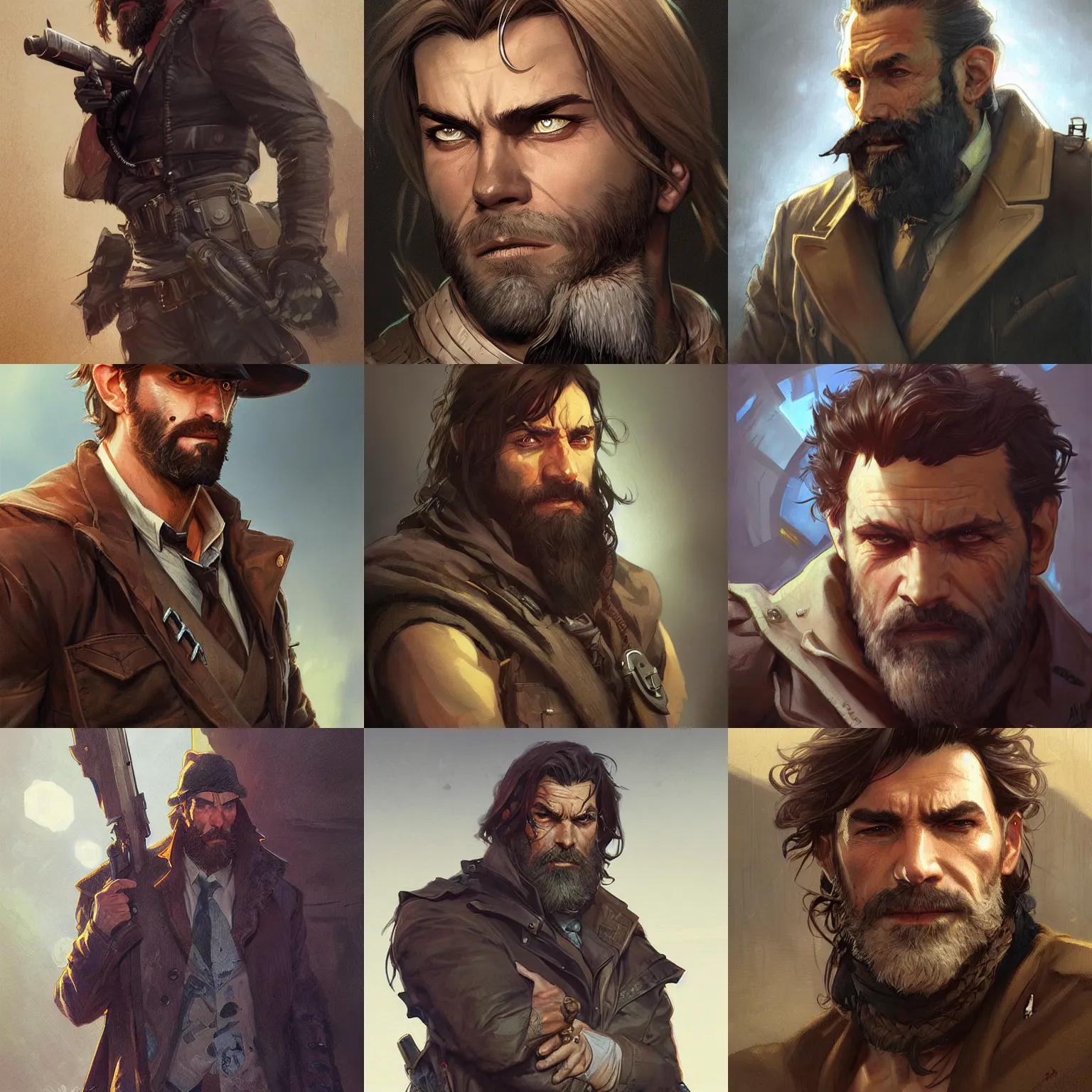 Prompt: rugged outlaw in suit, fantasy, D&D, portrait, piercing stare, highly detailed, digital painting, artstation, concept art, sharp focus, illustration, art by artgerm and greg rutkowski and alphonse mucha