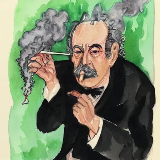 Prompt: portrait of very old gray - haired mexican magician smoking, lots of smoke. watercolor with pancil by hugo pratt.