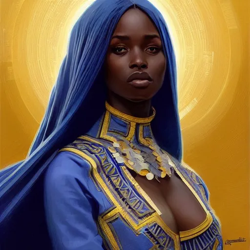 Image similar to Portrait of very very very very very very beautiful african woman, spacesuit, blue eyes, intricate, elegant, highly detailed, digital painting, artstation, concept art, smooth, sharp focus, illustration, art by artgerm and greg rutkowski and alphonse mucha