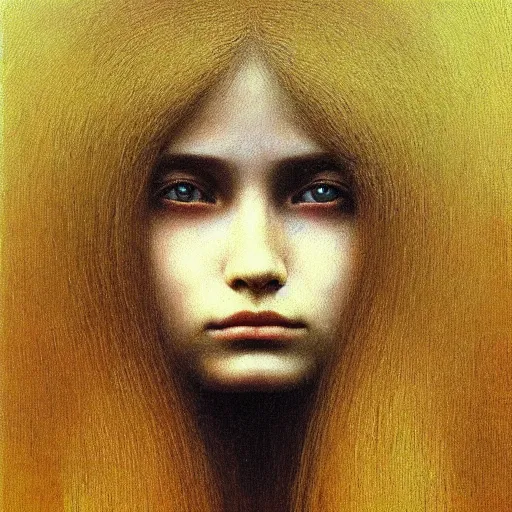 Prompt: portrait painting of teenage female queen by Beksinski, she is pale with long golden hairs. She has golden diadem