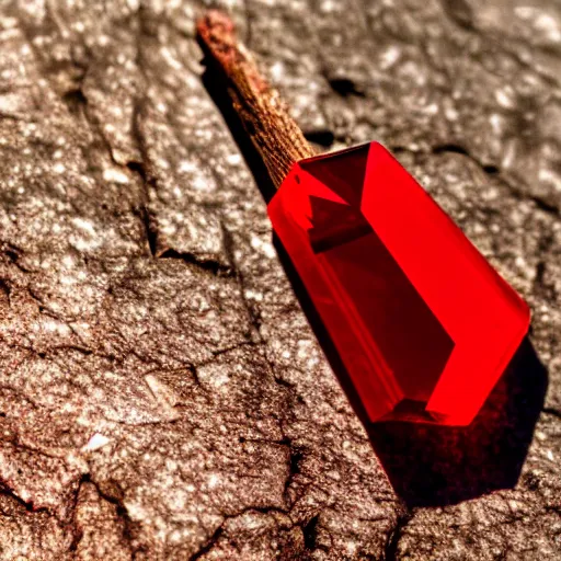 Image similar to a deep red, glowing, stick - shaped crystal on a rock, film grain