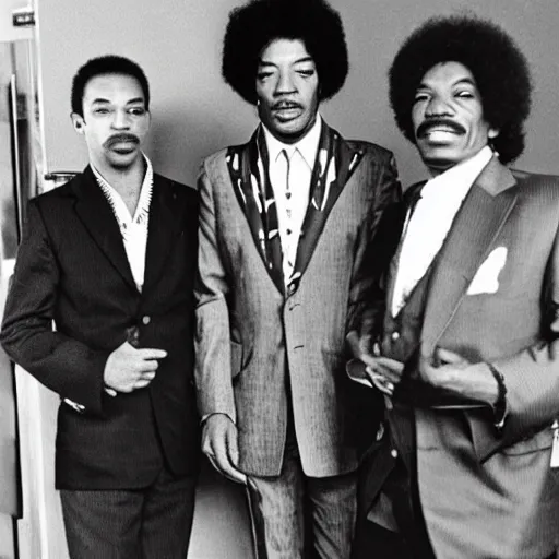 Prompt: Jimi Hendrix wearing a 3 piece suit at an office meeting