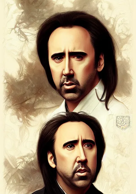 Image similar to male nicolas cage is pregnant, handsome, intricate, elegant, highly detailed, digital painting, artstation, concept art, smooth, sharp focus, illustration, art by artgerm and greg rutkowski and alphonse mucha and william - adolphe bouguereau