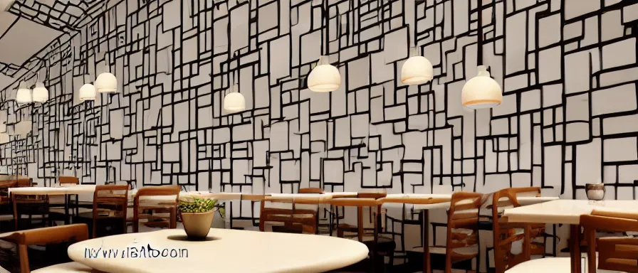 Prompt: a beautiful simple interior 4 k hd wallpaper illustration of small roasted string hotpot restaurant restaurant yan'an, wall corner, from china, yan'an characteristic wall and white tile floor, rectangle white porcelain table, black chair, fine simple delicate structure, chinese style, simple style structure decoration design, victo ngai, 4 k hd